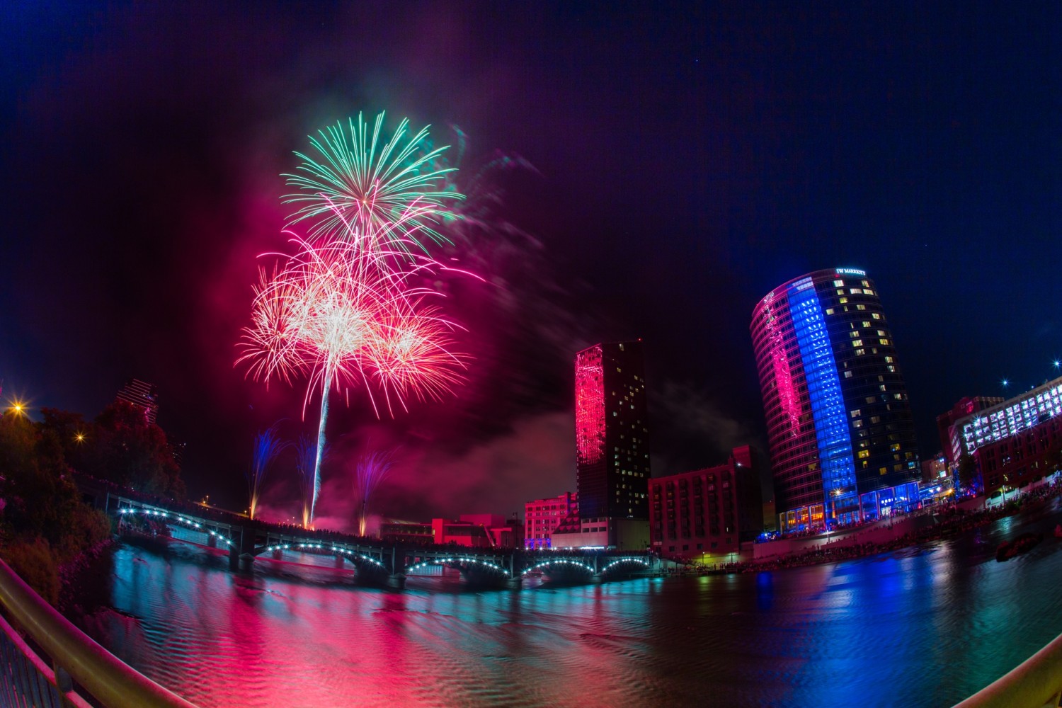 Amway Grand_Fireworks_Downtown Grand Rapids_Pink_Green