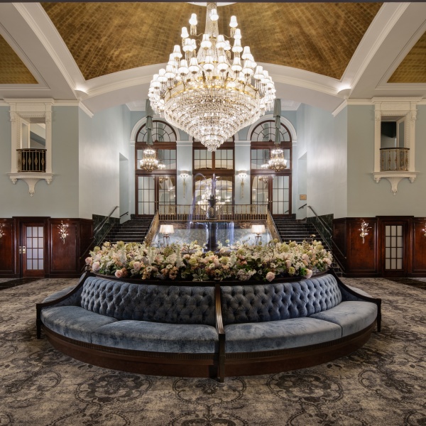 Amway Grand_Pantlind Lobby_Fountain_Chandelier_Lamps_Stairs_Mirrors_Grandfather Clock_Flowers_Water
