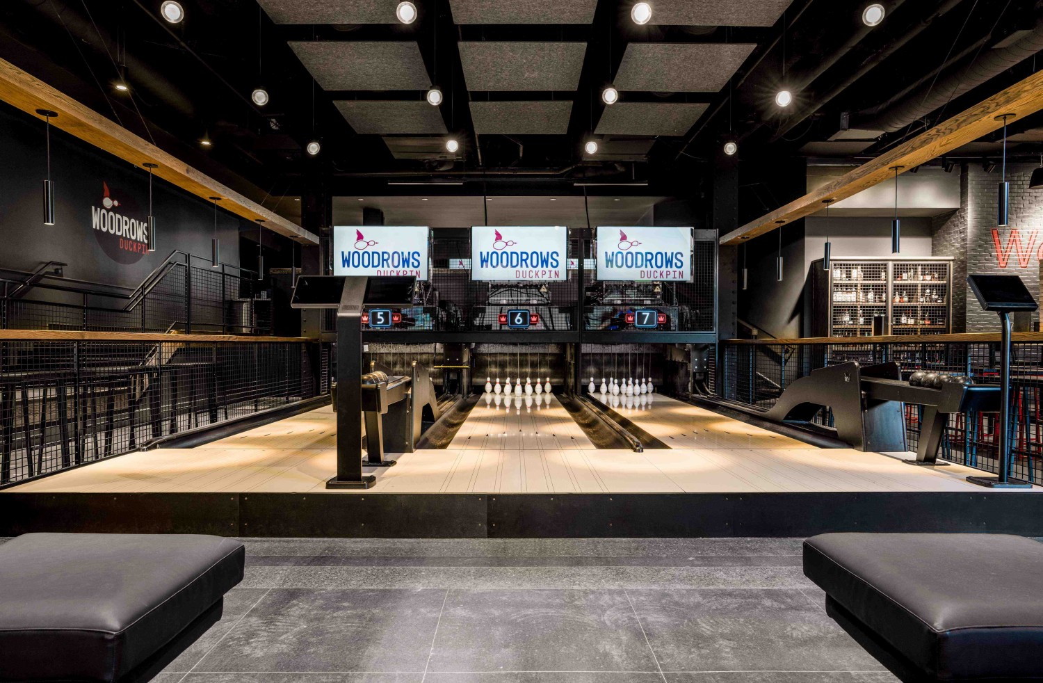 Amway Grand_Woodrows Duckpin_Bowling Lanes_Pines_Seats_TVs_Tables_Stools