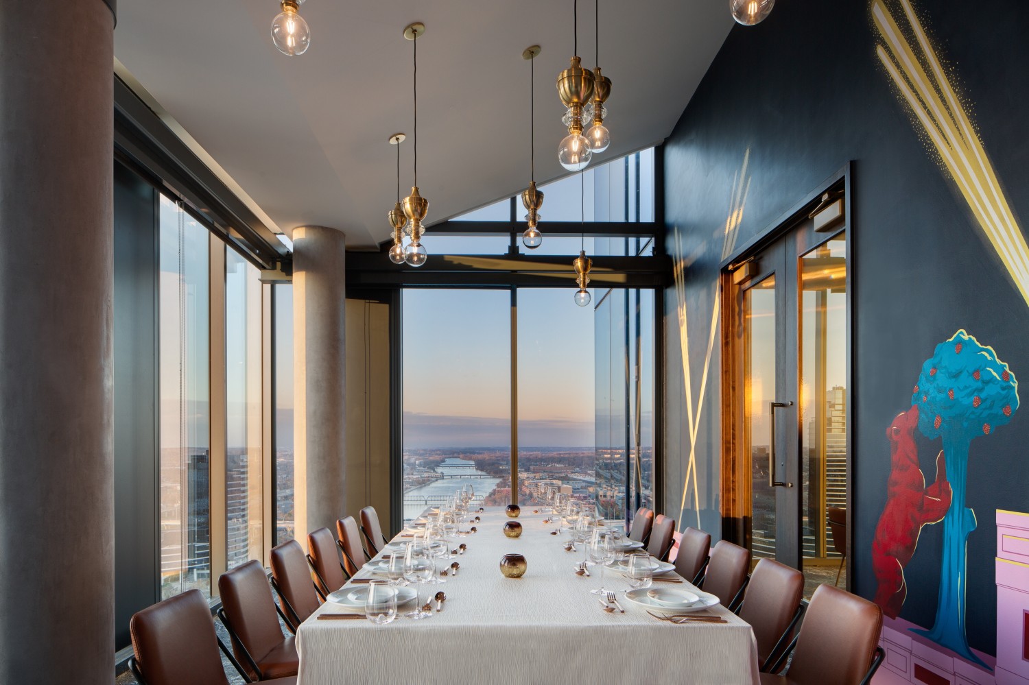 Amway Grand_MDRD_Private Dining Puerta Del Sol_Long Table_Chairs_Spanish Mural_River View_Handing Lights