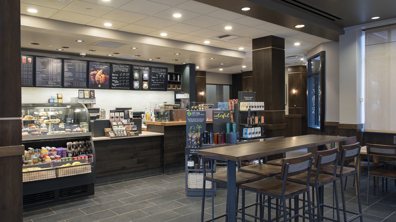 Amway Grand_Starbucks_Counter_Cash Register_Coffee Machines_Food Display_Retail Shelves_Table_Chairs_Menu Boards