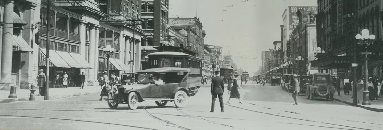 Amway Grand_Historic_Black and White_Buildings_Downtown_Grand Rapids_Historic Cars_People_Bikes