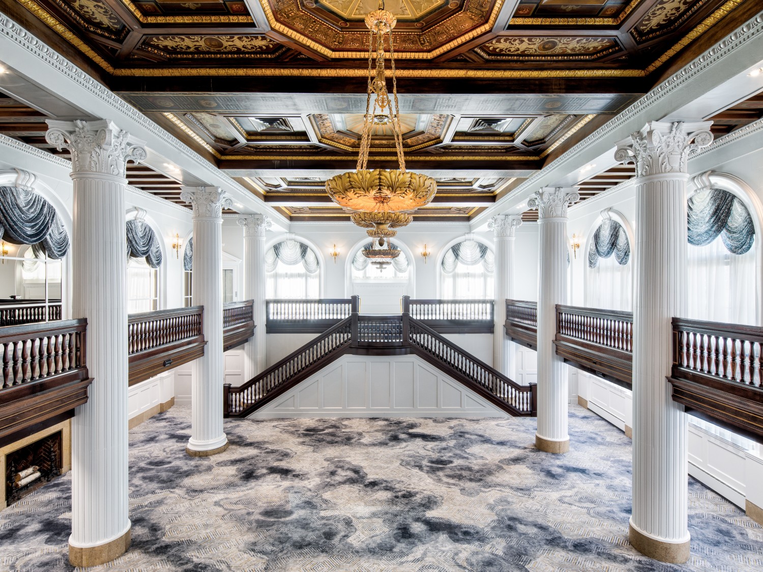 Amway Grand_Imperial Ballroom_Ballroom_Meeting Room_Event Space_Pillars_Balcony_Mezzanine_Chandelier_Stairs_Fireplace_Windows_Doors
