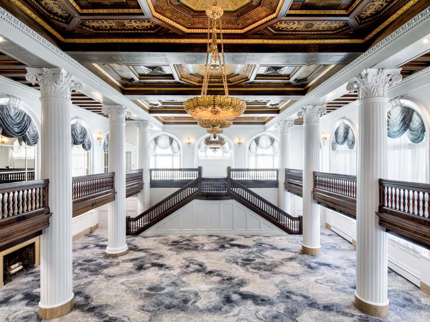 Amway Grand_Imperial Ballroom_Ballroom_Meeting Room_Event Space_Pillars_Balcony_Mezzanine_Chandelier_Stairs_Fireplace_Windows_Doors