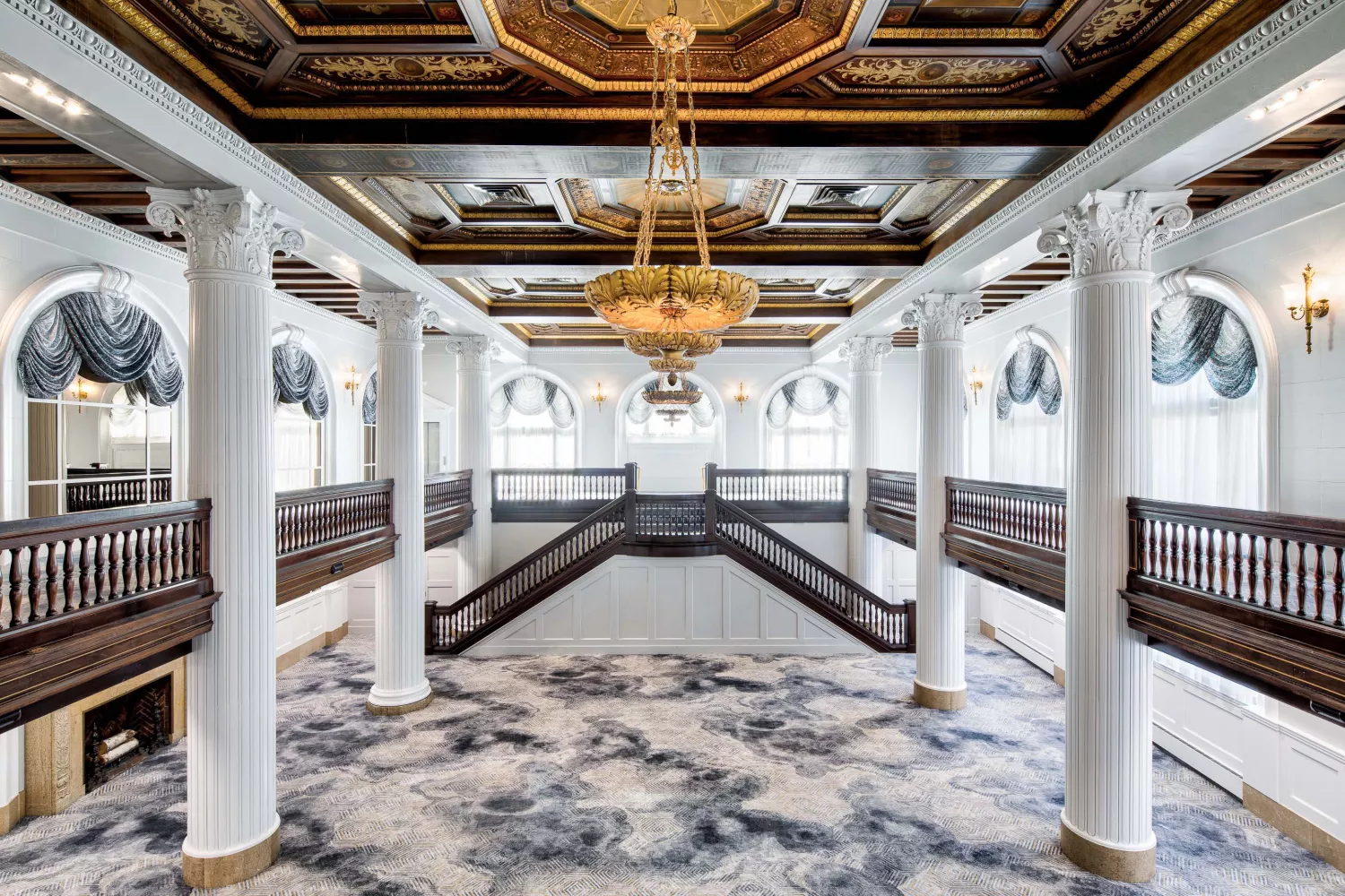 Amway Grand_Imperial Ballroom_Ballroom_Meeting Room_Event Space_Pillars_Balcony_Mezzanine_Chandelier_Stairs_Fireplace_Windows_Doors