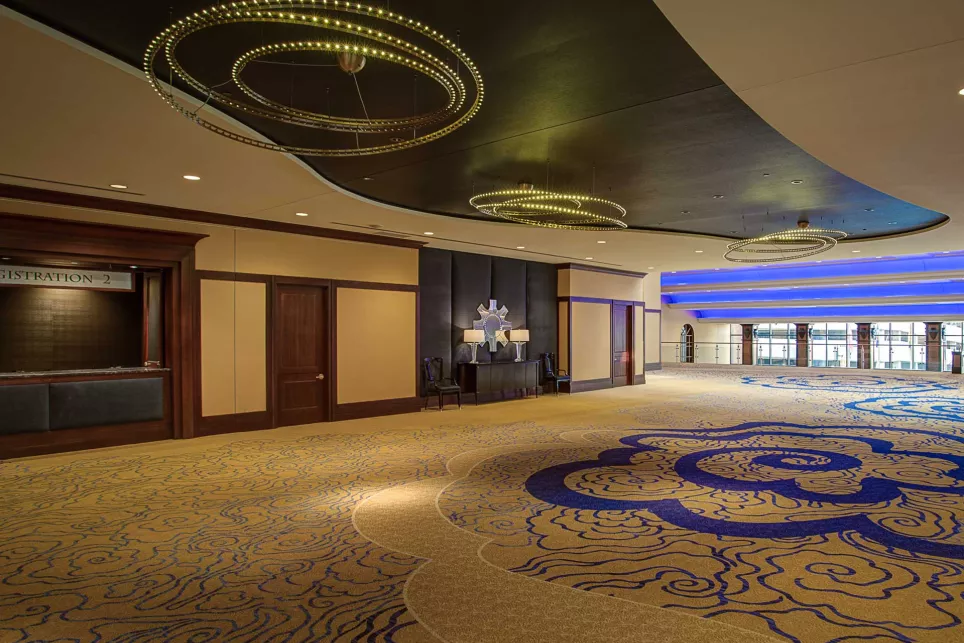 Amway Grand_Center Concourse Registration_Event Space_Registration Window_Doors_Table_Chairs_Mirror_Windows_Empty