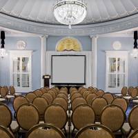 Amway Grand_Ford Ballroom_Ballroom_Meeting Room_Event Space_Set Up_Rows of Chairs_Projector Screen_Podium_Chandeliers_Mirrors