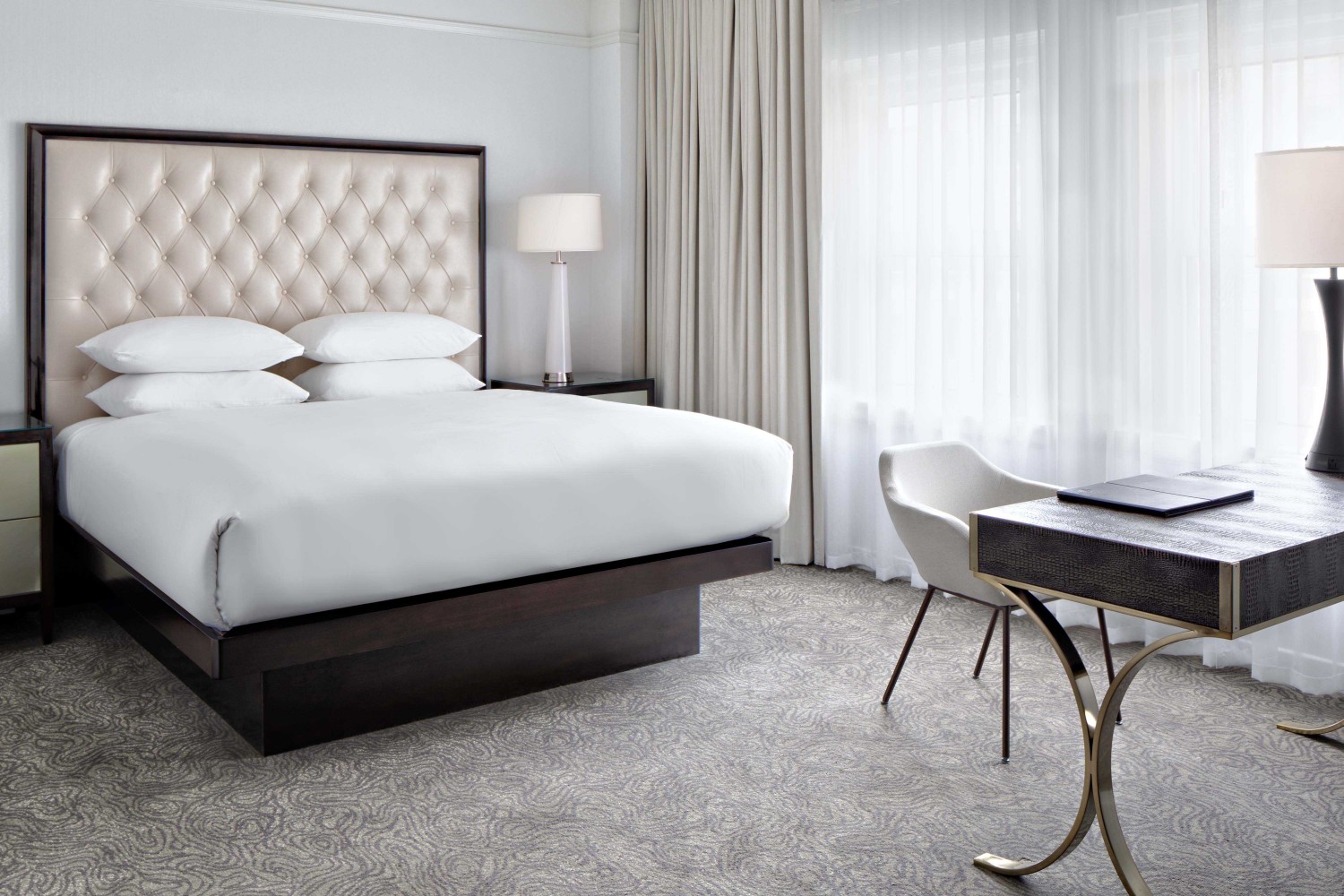 Amway Grand_Pantlind Guest Room_King Bed_Pillows_Bedding_Tables_Lamp_Desk_Chair_Curtains