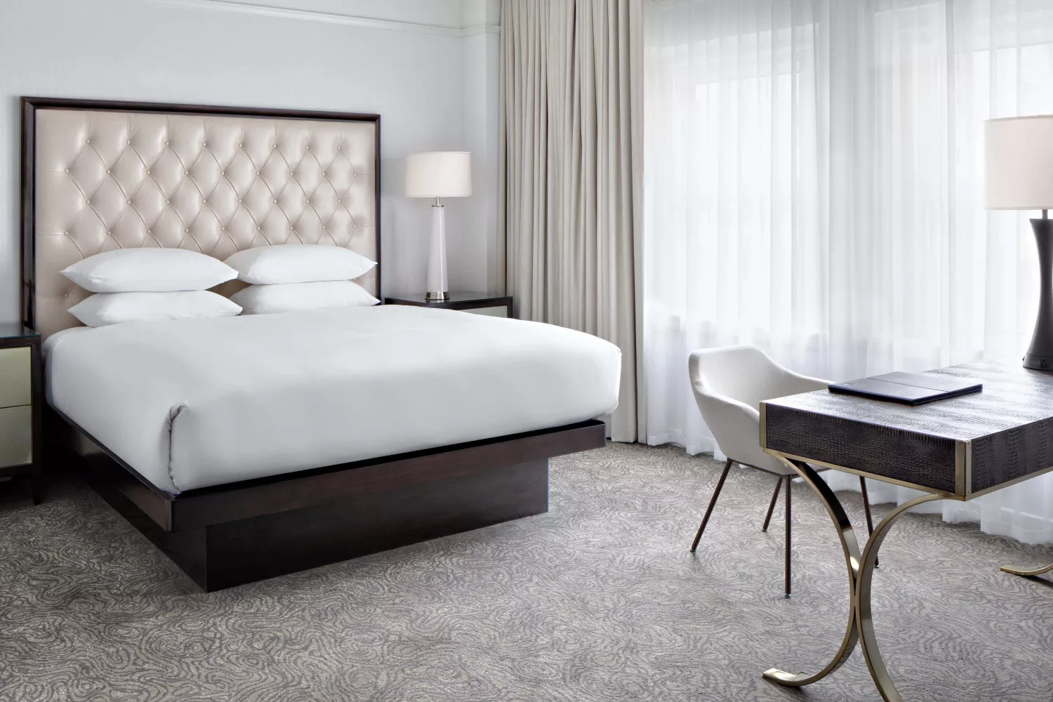 Amway Grand_Pantlind Guest Room_King Bed_Pillows_Bedding_Tables_Lamp_Desk_Chair_Curtains