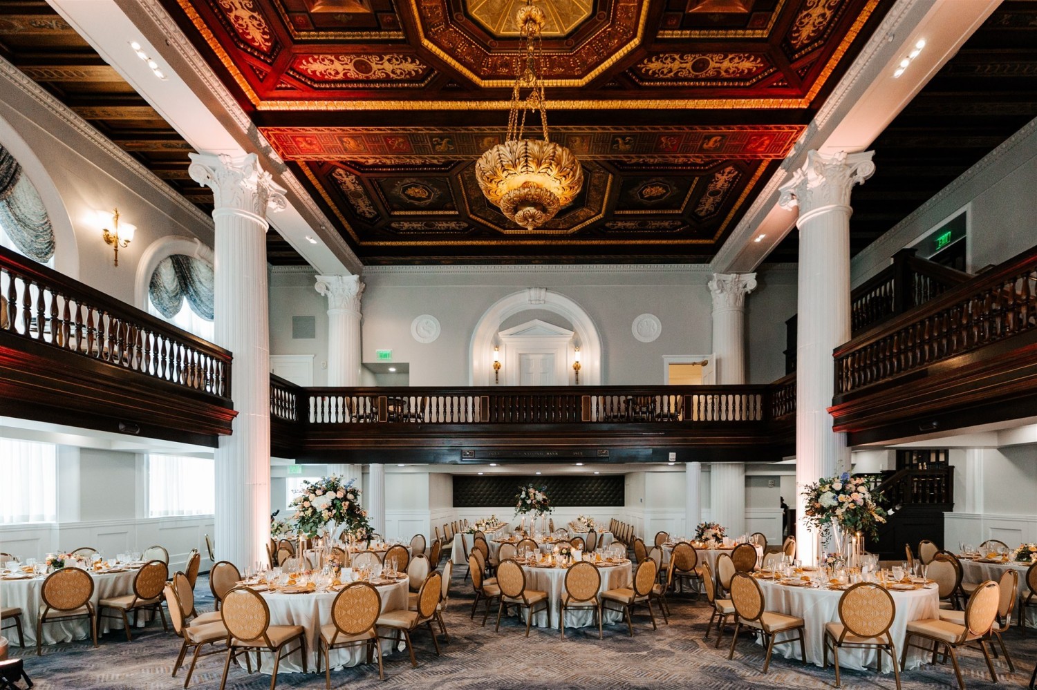 Amway Grand_Imperial Ballroom_Wedding_Set Up_Tables_Linen_Chairs_Flowers_Balcony_Mezzanine_Chandelier