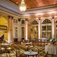 Amway Grand_Pantlind Ballroom_Reception_High Top Tables_Tables_Chairs_Candles_Charcuterie Board_Flowers_Chandelier_Balcony_Stairs